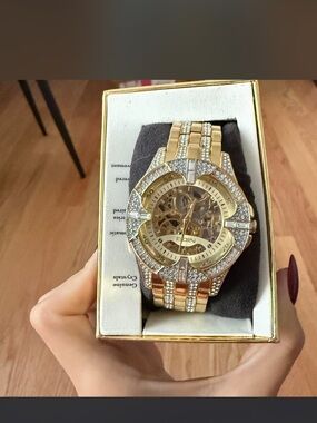 Gold-Tone Men's Skeleton Watch with Crystal Accents